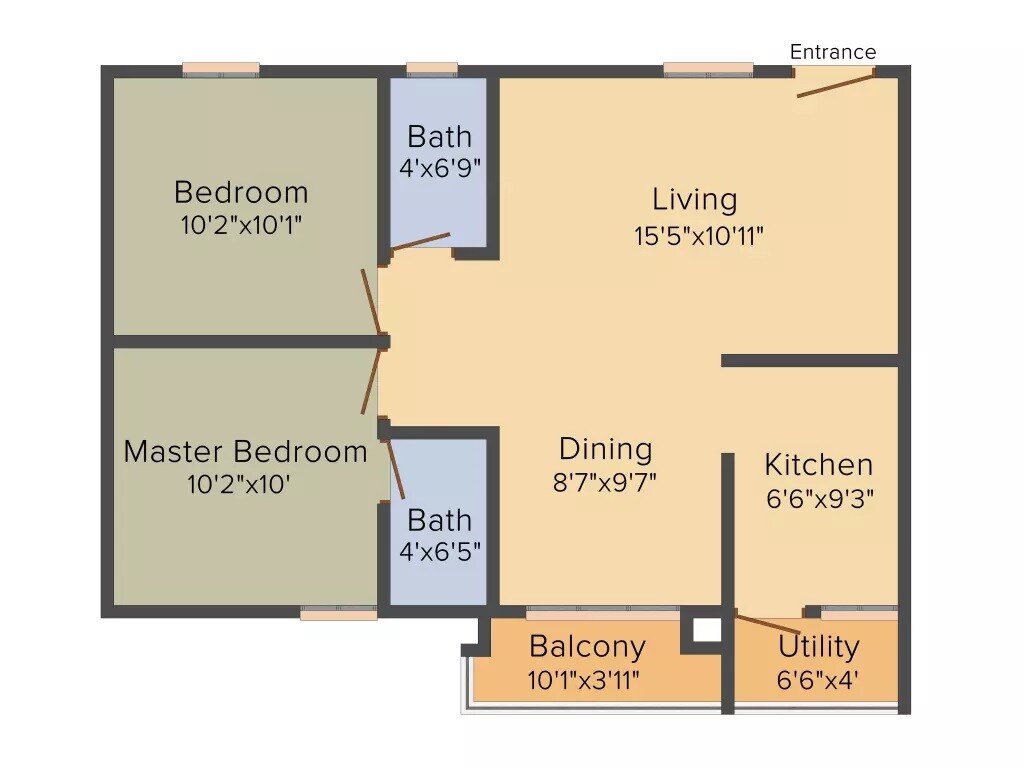 Floor plan of 2 BHK 943 Sq. Ft. Apartment in Inner Urban Eco Space, Bangalore