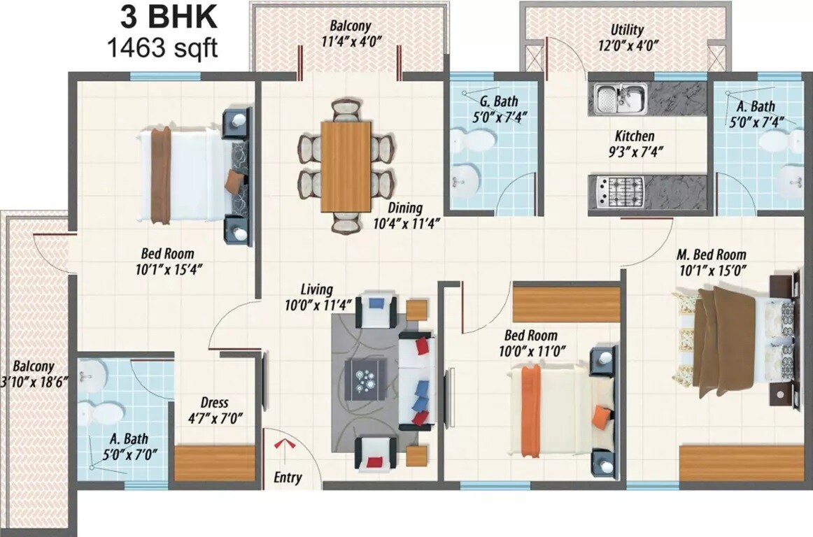 Floor plan of 3 BHK 1463 Sq. Ft. Apartment in Inner Urban Eco Space, Bangalore