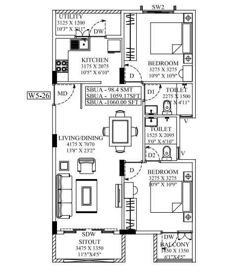 Floor plan of 2 BHK 1060 Sq. Ft. Apartment in Innovative Oak Garden, Bangalore