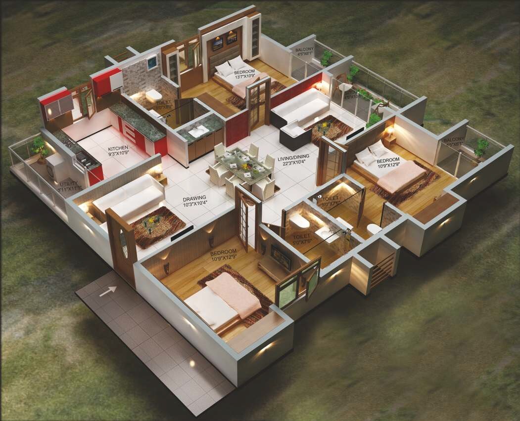 Floor plan of 3 BHK 1570 Sq. Ft. Apartment in Innovative Oak Garden, Bangalore