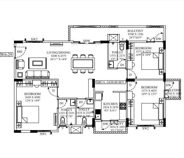 Floor plan of 3 BHK 1638 Sq. Ft. Apartment in Innovative Oak Garden, Bangalore