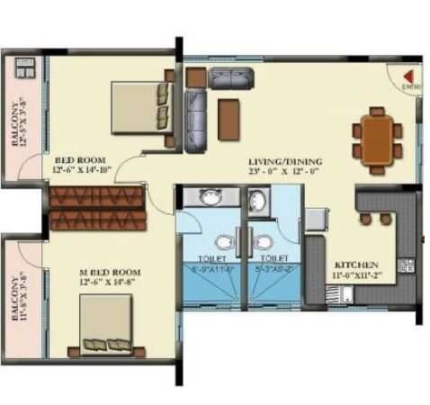 Floor plan of 2 BHK 1239 Sq. Ft. Apartment in Insight Nandana, Bangalore