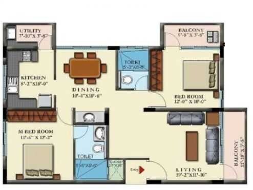 Floor plan of 2 BHK 1300 Sq. Ft. Apartment in Insight Nandana, Bangalore
