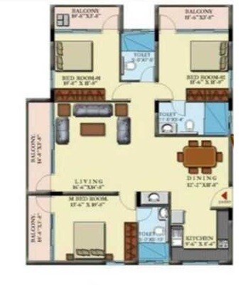Floor plan of 3 BHK 1351 Sq. Ft. Apartment in Insight Nandana, Bangalore