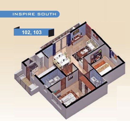 Floor plan of 2 BHK 1064 Sq. Ft. Apartment in Inspire South, Bangalore