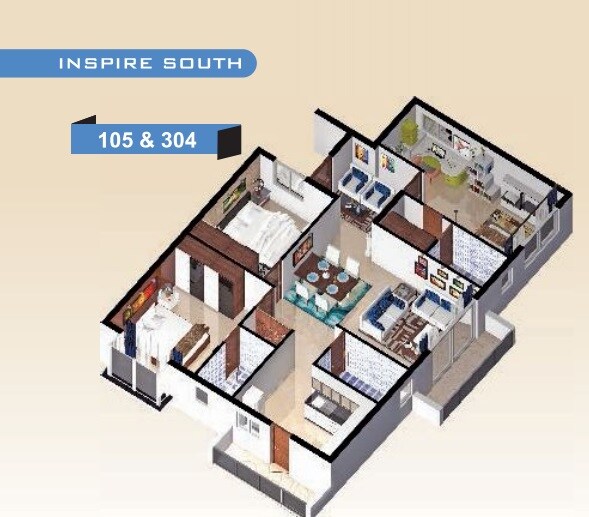 Floor plan of 3 BHK 1590 Sq. Ft. Apartment in Inspire South, Bangalore