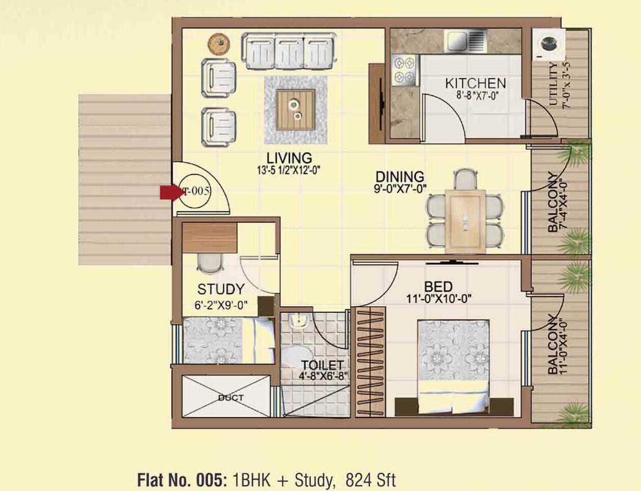 Floor plan of 1 BHK 824 Sq. Ft. Apartment in Intact Avenue, Bangalore