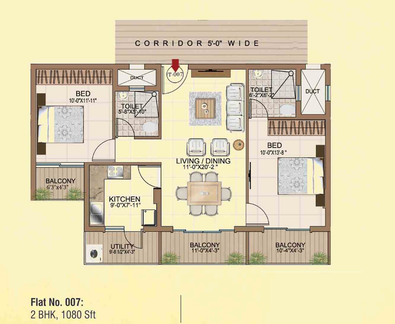 Floor plan of 2 BHK 1080 Sq. Ft. Apartment in Intact Avenue, Bangalore