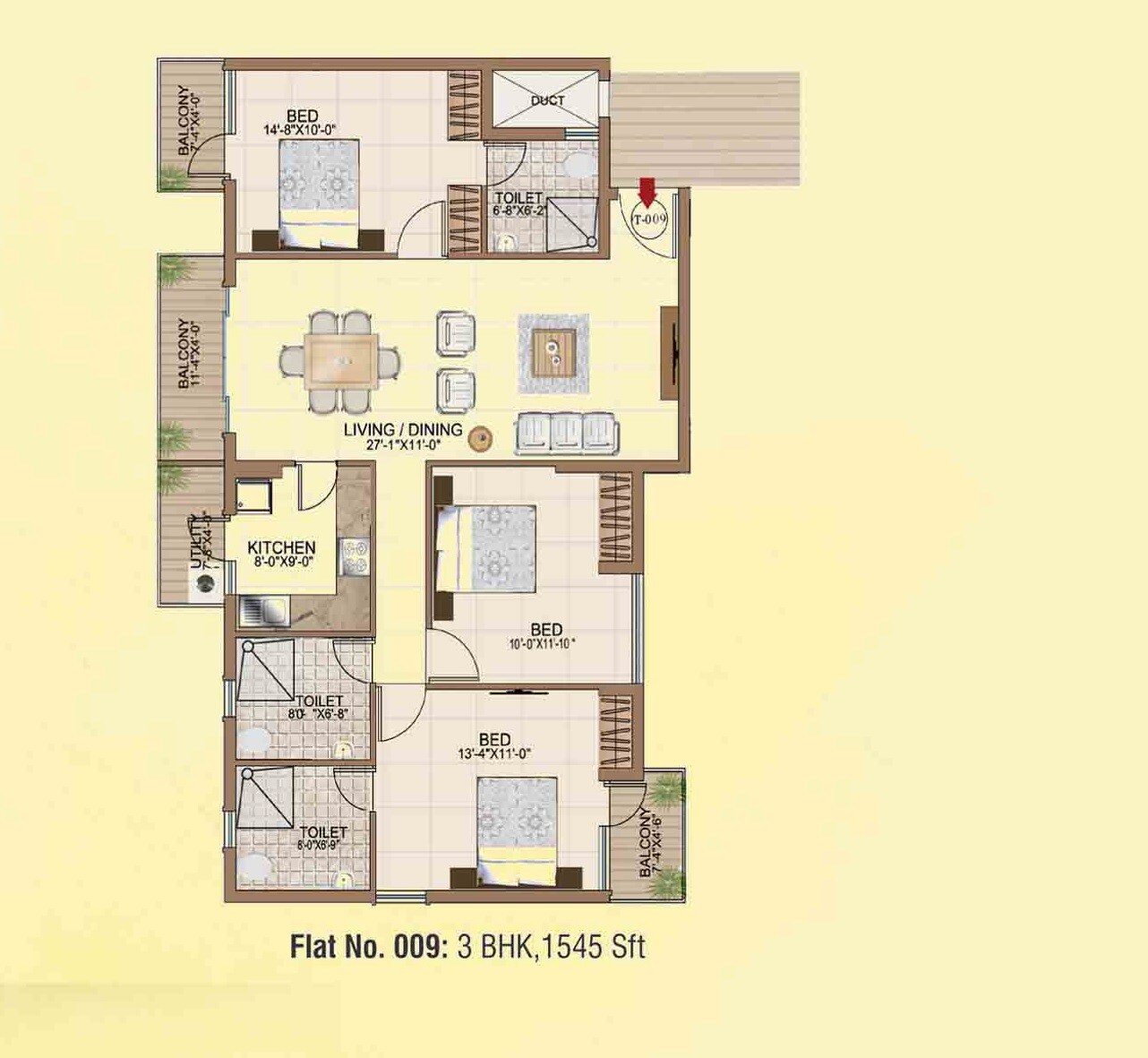 Floor plan of 3 BHK 1545 Sq. Ft. Apartment in Intact Avenue, Bangalore