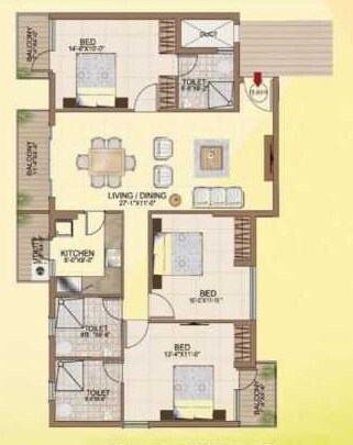 Floor plan of 3 BHK 1640 Sq. Ft. Apartment in Intact Avenue, Bangalore