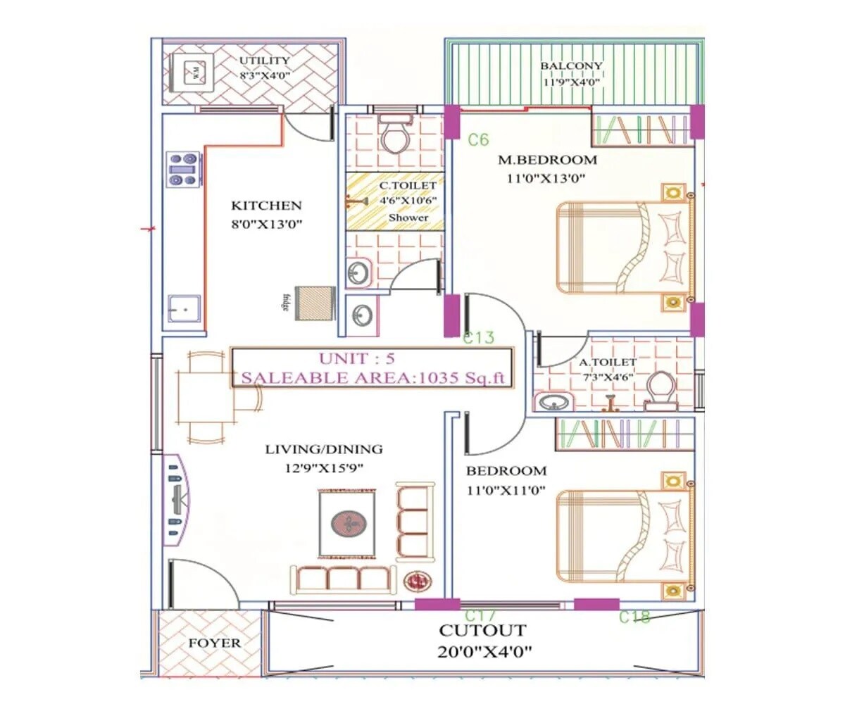 Floor plan of 2 BHK 1035 Sq. Ft. Apartment in Iresh Advaita, Bangalore