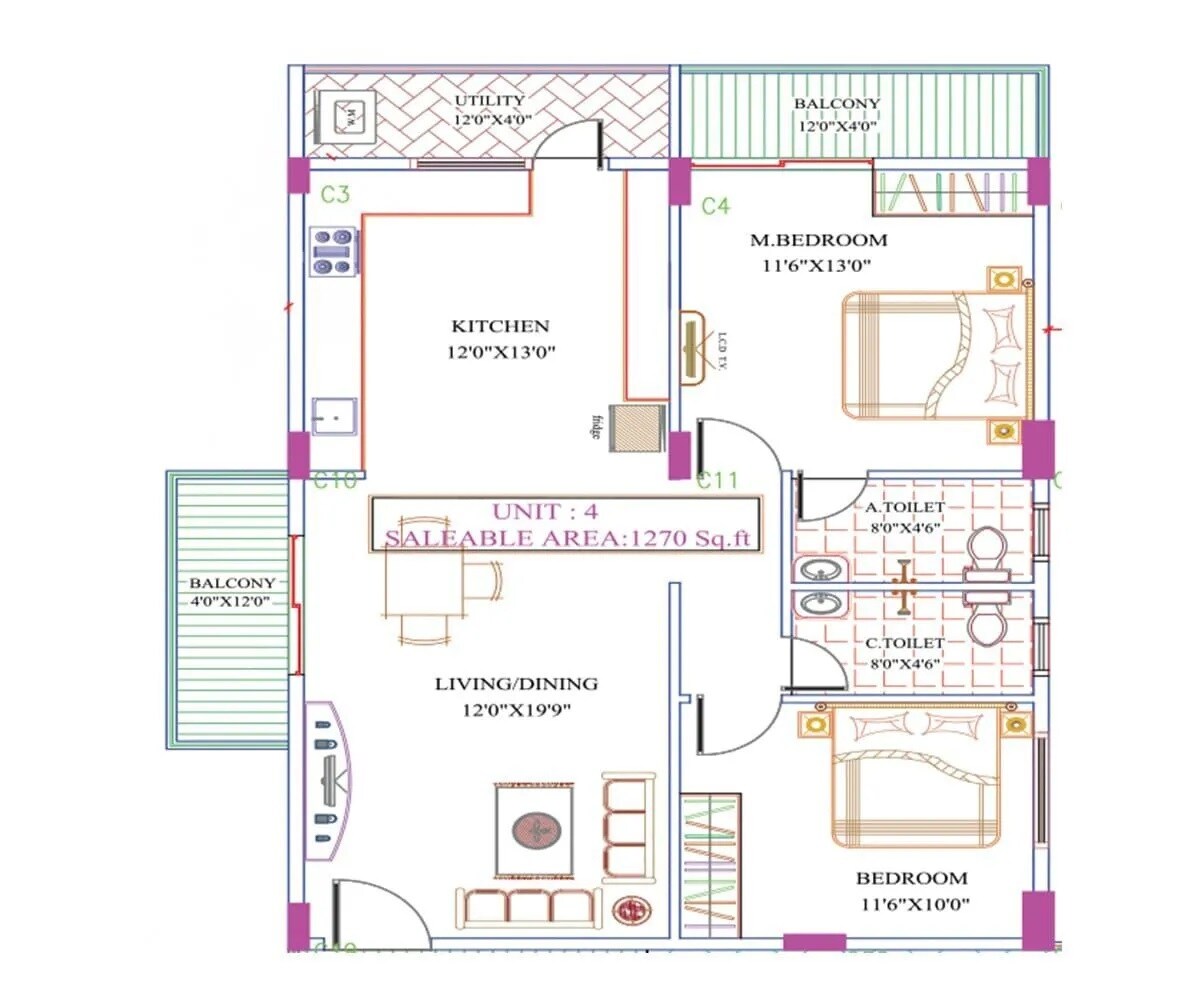 Floor plan of 2 BHK 1270 Sq. Ft. Apartment in Iresh Advaita, Bangalore