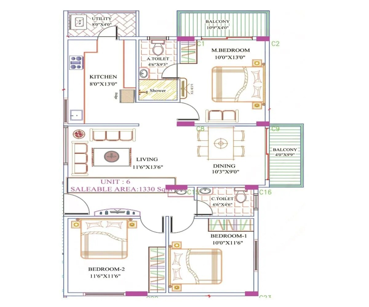 Floor plan of 3 BHK 1330 Sq. Ft. Apartment in Iresh Advaita, Bangalore