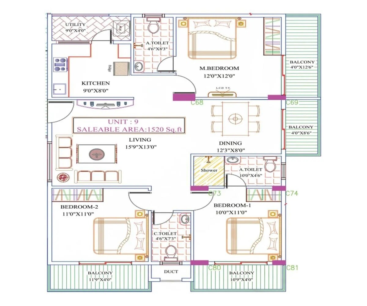 Floor plan of 3 BHK 1520 Sq. Ft. Apartment in Iresh Advaita, Bangalore