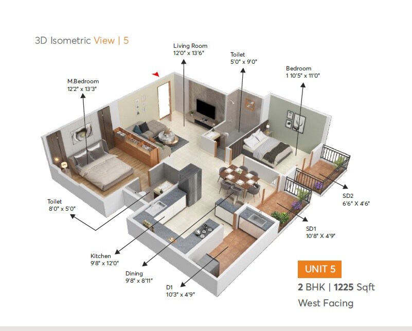 Floor plan of 2 BHK 1125 Sq. Ft. Apartment in Iris Courtyard, Bangalore