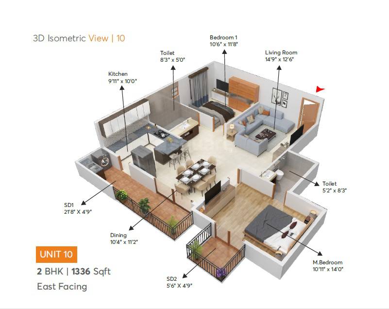 Floor plan of 2 BHK 1336 Sq. Ft. Apartment in Iris Courtyard, Bangalore