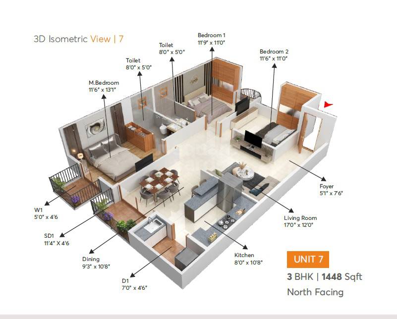 Floor plan of 3 BHK 1448 Sq. Ft. Apartment in Iris Courtyard, Bangalore