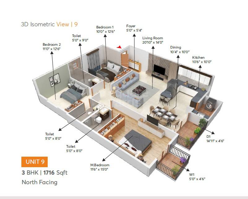 Floor plan of 3 BHK 1716 Sq. Ft. Apartment in Iris Courtyard, Bangalore