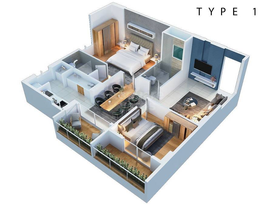 Floor plan of 2 BHK 1221 Sq. Ft. Apartment in Isha Hilife, Bangalore