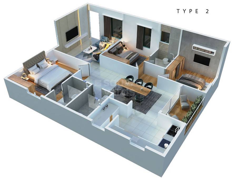 Floor plan of 3 BHK 1571 Sq. Ft. Apartment in Isha Hilife, Bangalore