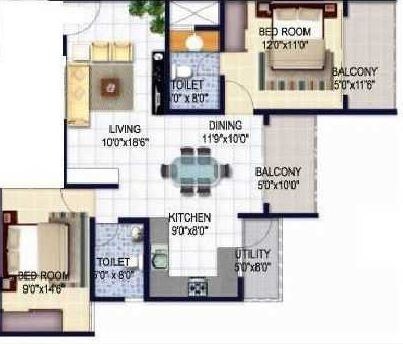 Floor plan of 2 BHK 1227 Sq. Ft. Apartment in Isha Misty Green, Bangalore