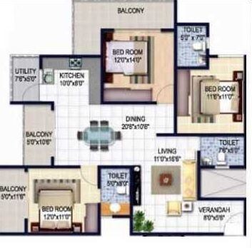 Floor plan of 3 BHK 1844 Sq. Ft. Apartment in Isha Misty Green, Bangalore