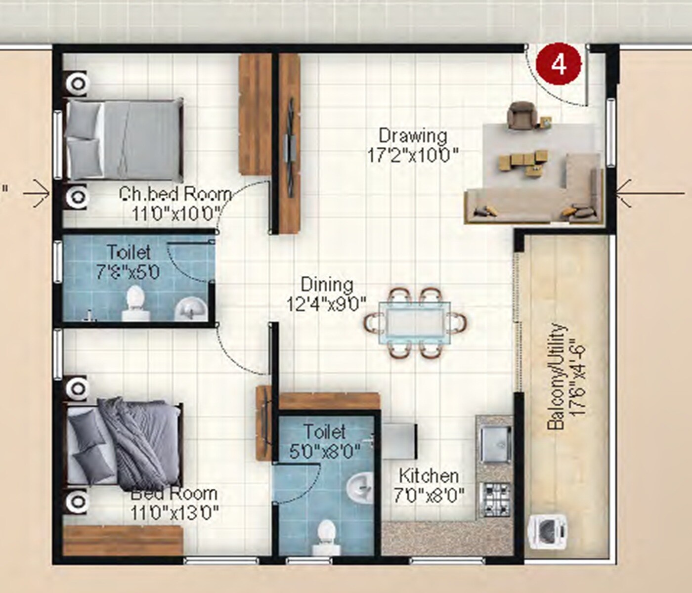 Floor plan of 2 BHK 1164 Sq. Ft. Apartment in Ishtika Anahata, Bangalore
