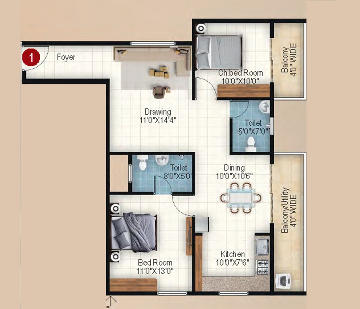 Floor plan of 2 BHK 1279 Sq. Ft. Apartment in Ishtika Anahata, Bangalore