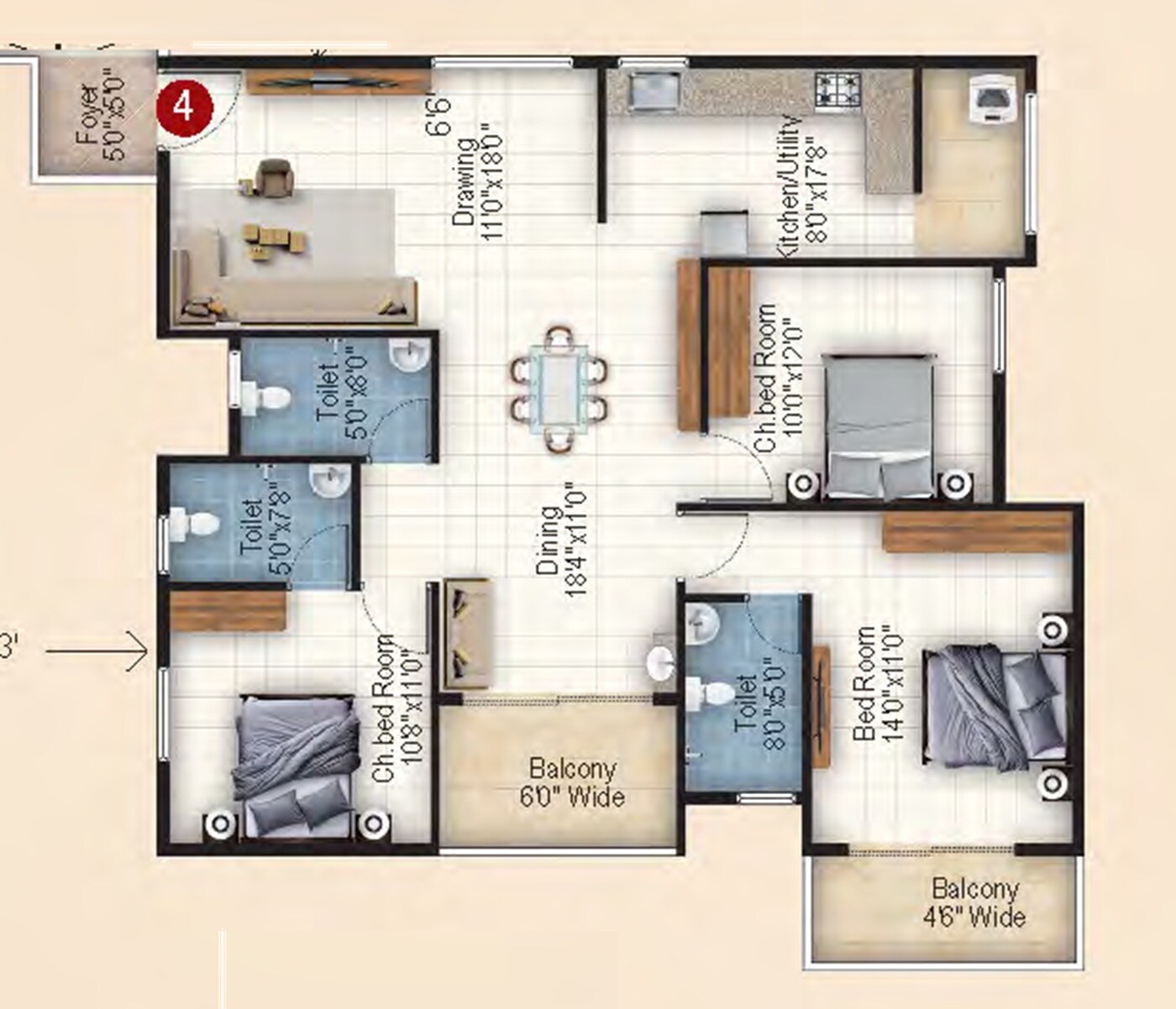 Floor plan of 3 BHK 1758 Sq. Ft. Apartment in Ishtika Anahata, Bangalore
