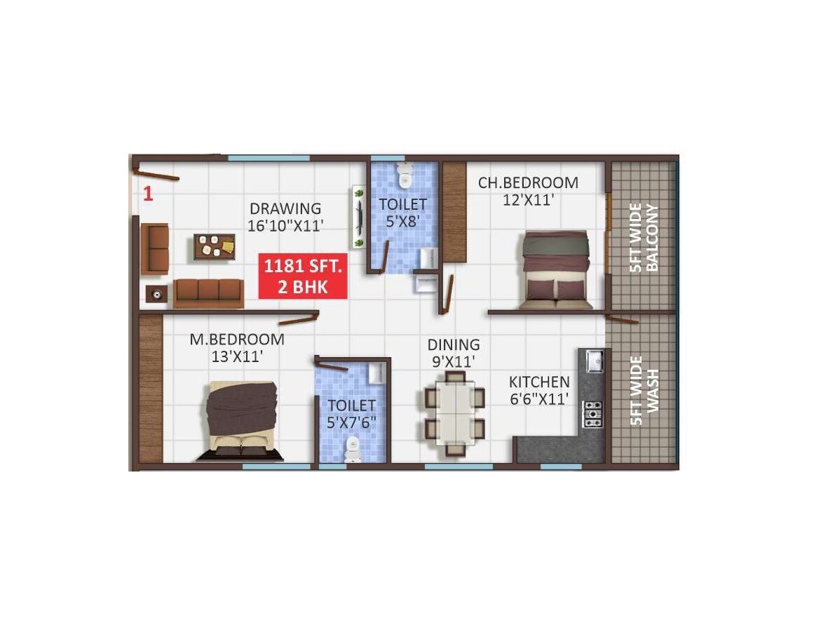 Floor plan of 2 BHK 1181 Sq. Ft. Apartment in Ishtika Vashishta, Bangalore