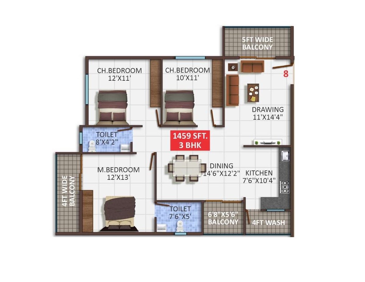 Floor plan of 3 BHK 1459 Sq. Ft. Apartment in Ishtika Vashishta, Bangalore