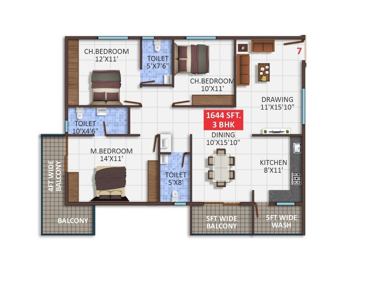 Floor plan of 3 BHK 1644 Sq. Ft. Apartment in Ishtika Vashishta, Bangalore
