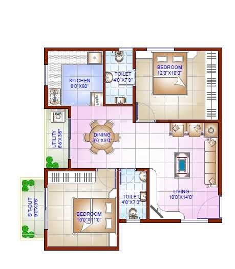 Floor plan of 2 BHK 893 Sq. Ft. Apartment in ISR Ashrita, Bangalore