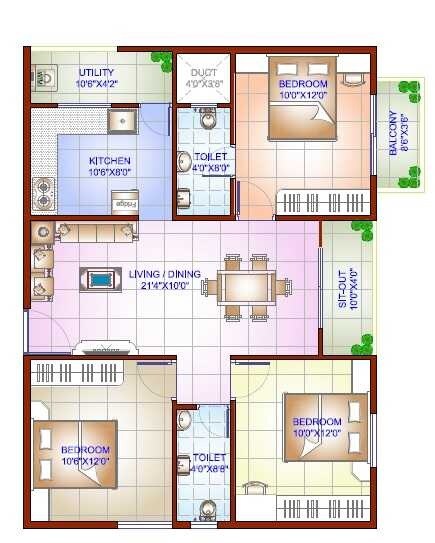 Floor plan of 3 BHK 1185 Sq. Ft. Apartment in ISR Ashrita, Bangalore