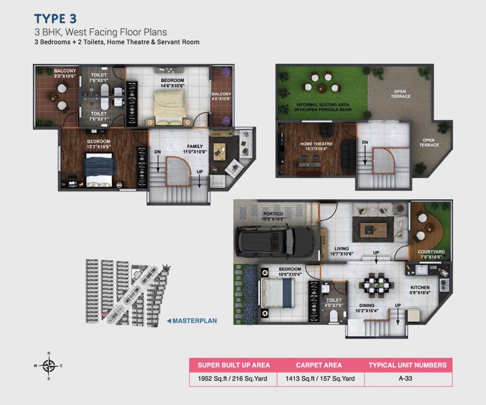Floor plan of 3 BHK 1952 Sq. Ft. Villa in ISR Indraprastha, Bangalore