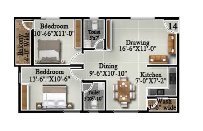 Floor plan of 2 BHK 1061 Sq. Ft. Apartment in ISR Udayam, Bangalore