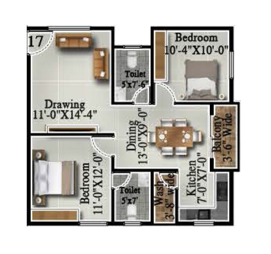 Floor plan of 2 BHK 961 Sq. Ft. Apartment in ISR Udayam, Bangalore