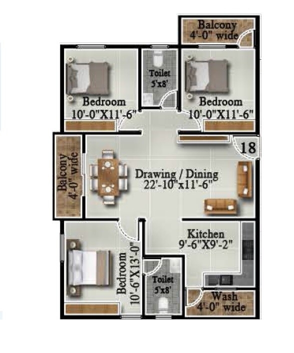 Floor plan of 3 BHK 1288 Sq. Ft. Apartment in ISR Udayam, Bangalore