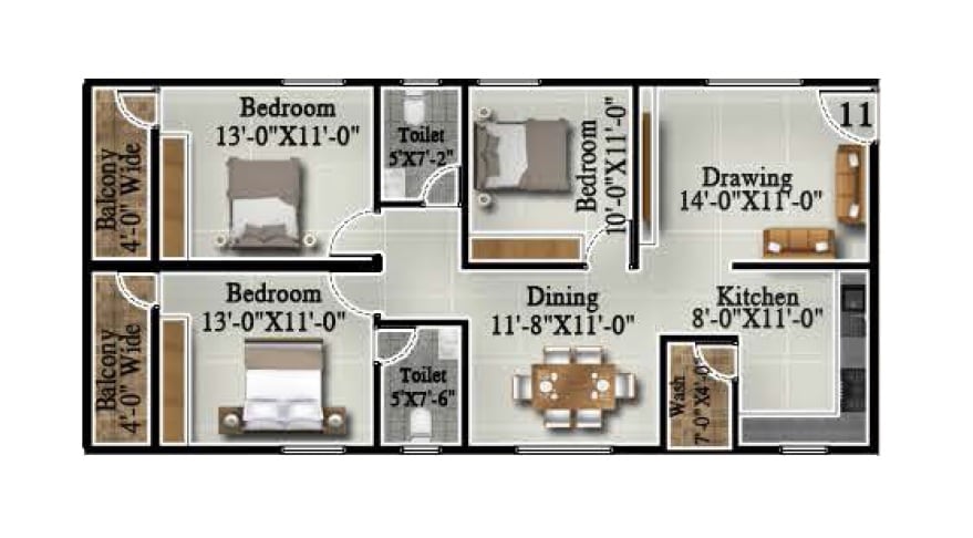 Floor plan of 3 BHK 1400 Sq. Ft. Apartment in ISR Udayam, Bangalore