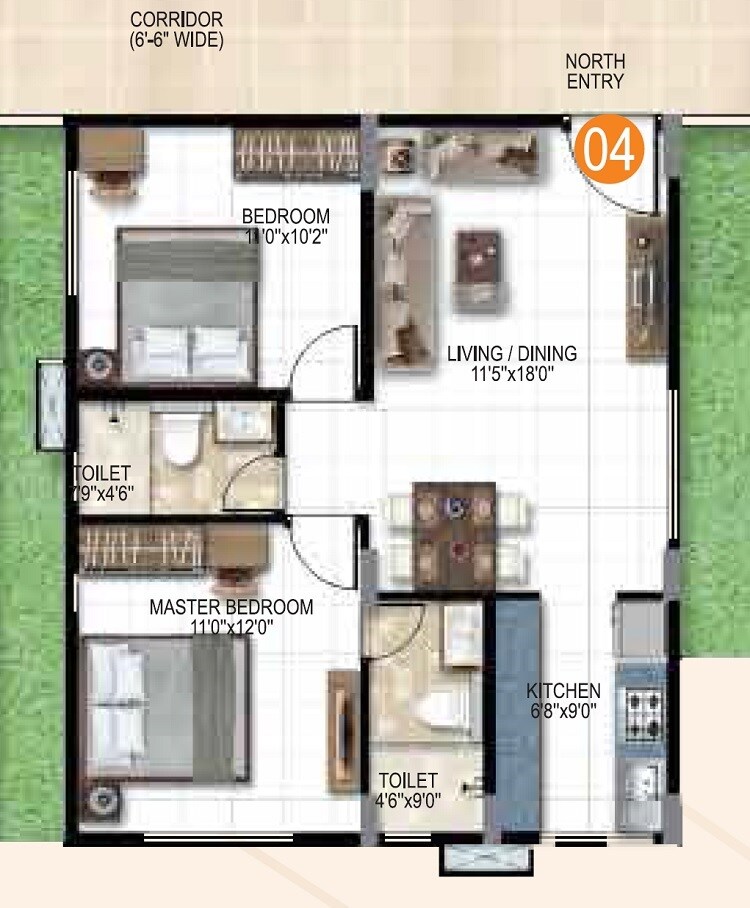 Floor plan of 2 BHK 915 Sq. Ft. Apartment in Jagadhabi Premier, Bangalore