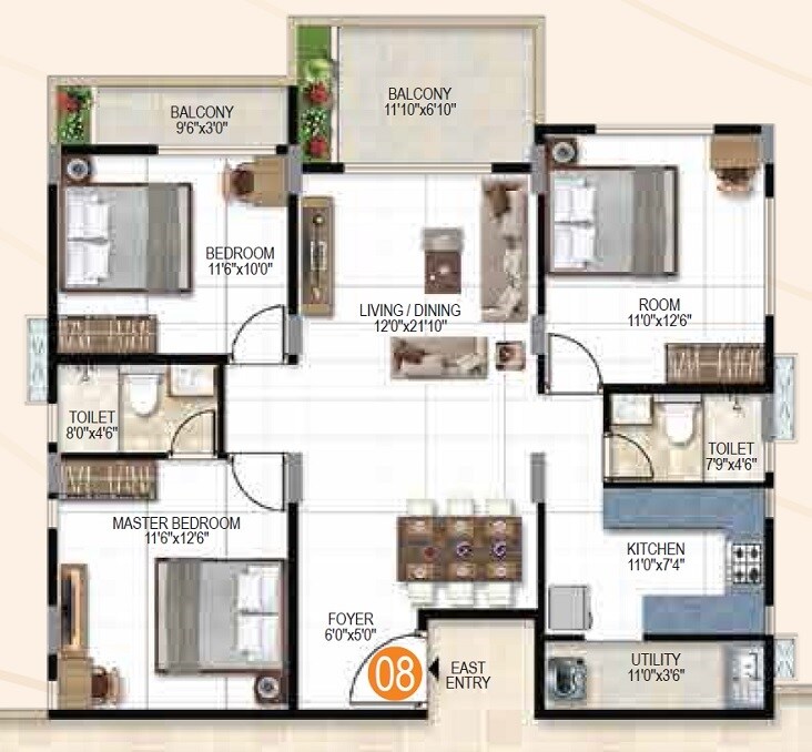 Floor plan of 3 BHK 1520 Sq. Ft. Apartment in Jagadhabi Premier, Bangalore