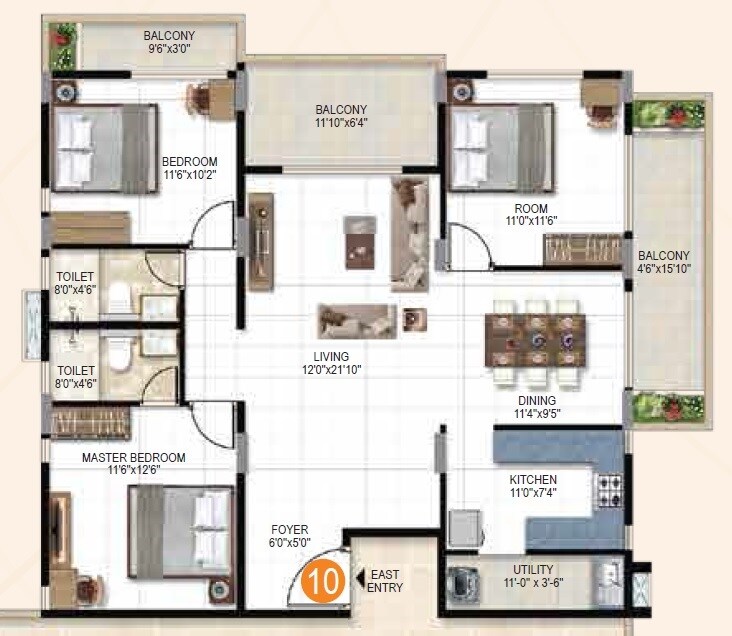 Floor plan of 3 BHK 1780 Sq. Ft. Apartment in Jagadhabi Premier, Bangalore