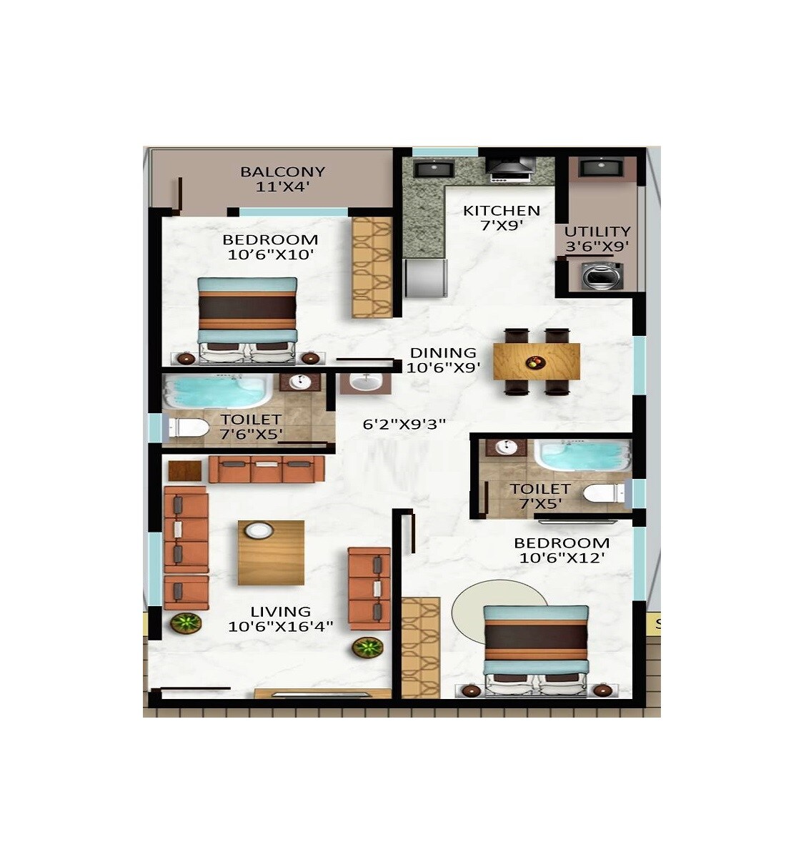 Floor plan of 2 BHK 1033 Sq. Ft. Apartment in Jagati Shubha Nivas, Bangalore
