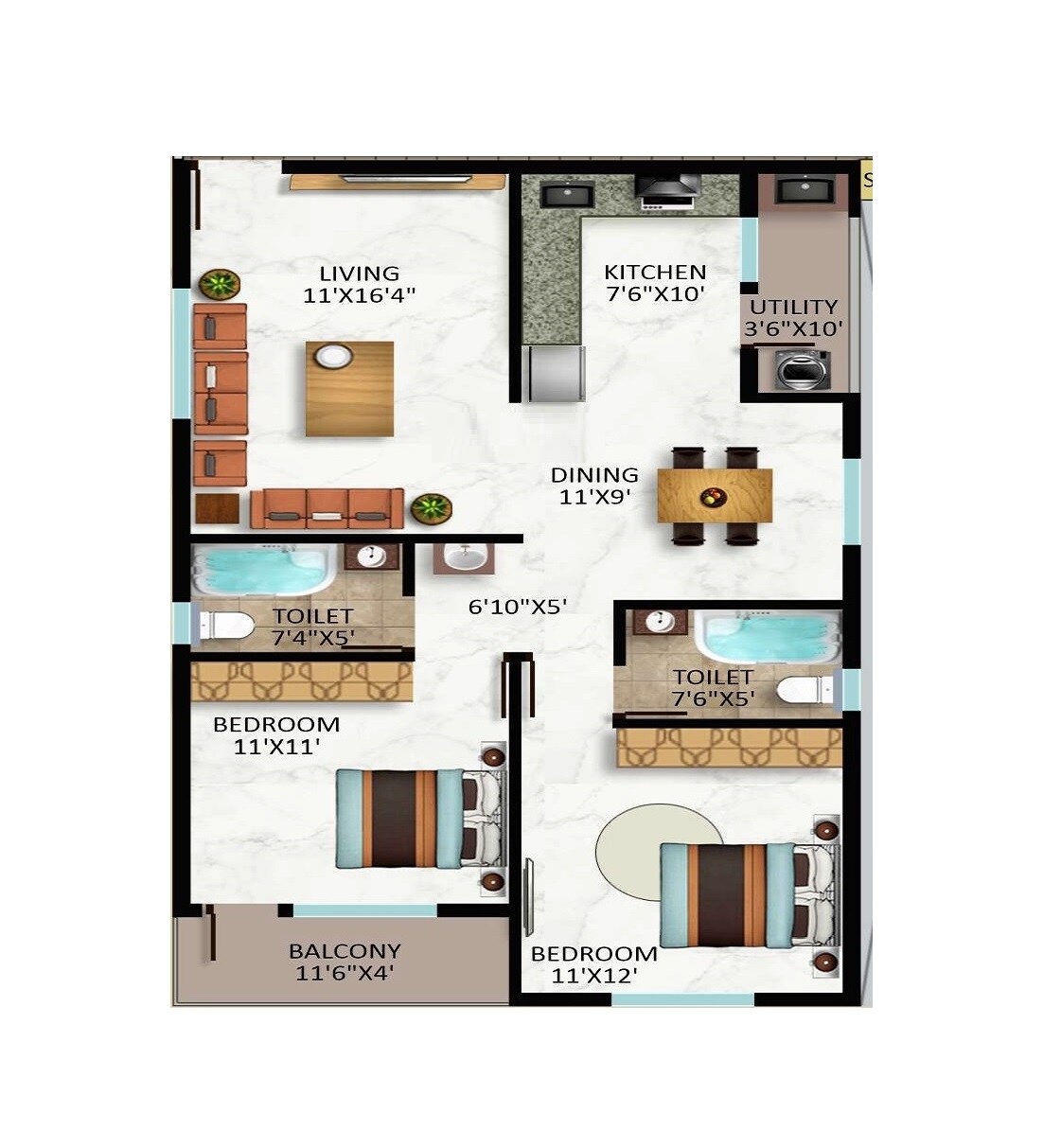 Floor plan of 2 BHK 1108 Sq. Ft. Apartment in Jagati Shubha Nivas, Bangalore
