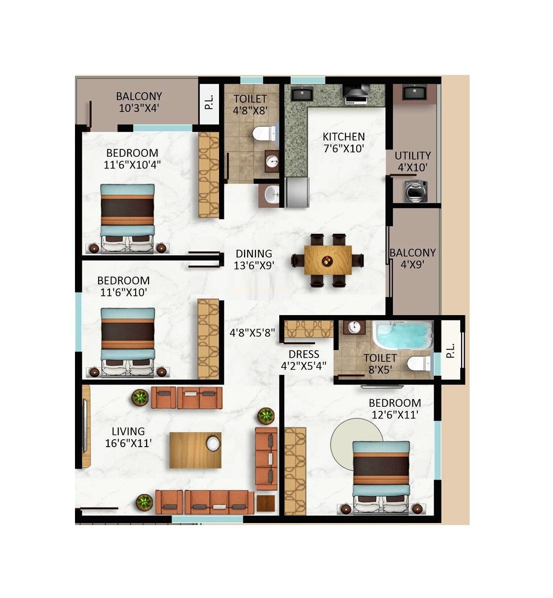 Floor plan of 3 BHK 1403 Sq. Ft. Apartment in Jagati Shubha Nivas, Bangalore