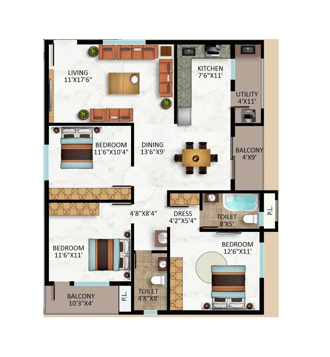 Floor plan of 3 BHK 1441 Sq. Ft. Apartment in Jagati Shubha Nivas, Bangalore