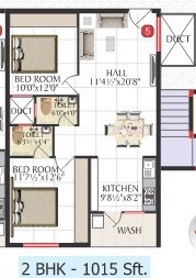 Floor plan of 2 BHK 1015 Sq. Ft. Apartment in Jai Bharathi Mansion, Bangalore