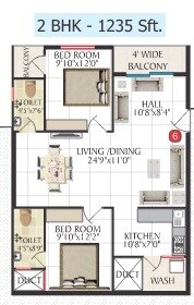 Floor plan of 2 BHK 1235 Sq. Ft. Apartment in Jai Bharathi Mansion, Bangalore
