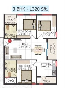 Floor plan of 3 BHK 1320 Sq. Ft. Apartment in Jai Bharathi Mansion, Bangalore