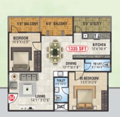 Floor plan of 2 BHK 1335 Sq. Ft. Apartment in Jai Bharathi Signature, Bangalore